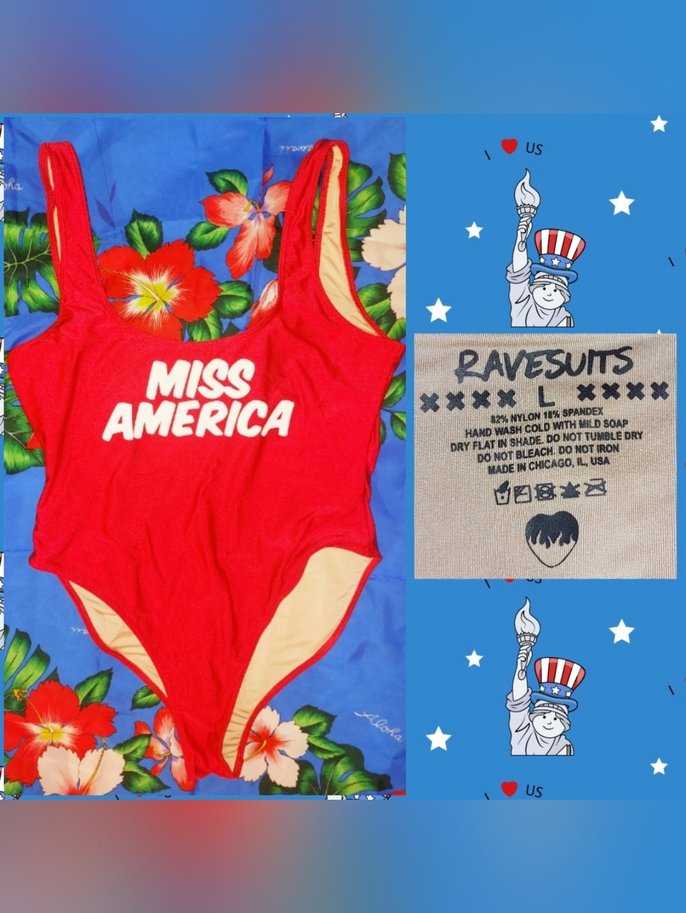 Ravesuits brand Red & White Miss America Soft Satin Knit 1Pc Swimsuit Sz Large